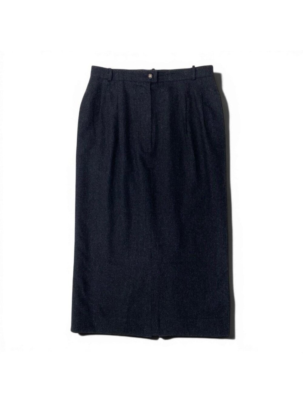 Chanel Boutique Wool Skirt CC Logo Button Long Tight Gray